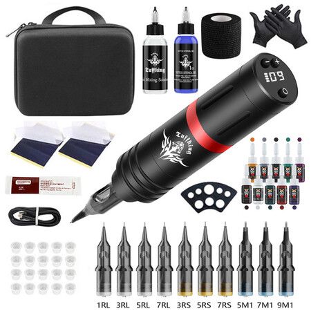 Wireless Tattoo Pen Kit with LED Screen Display and 10500 RPM Adjustable Stroke Professional Tattoo Machine Kit,Black And Red
