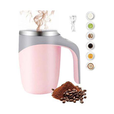 Automatic Stirring Coffee Mug, Stainless Steel Magnetic Rechargeable Electric Coffee Stirrer Mugs with Lid for Stir Office, Travel, Kitchen (Pink)