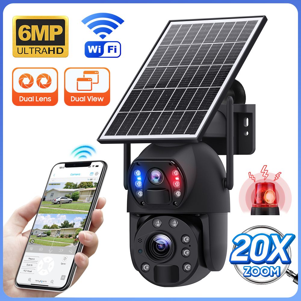 Solar-Powered 20X Zoom Dual Lens Security Camera with AI Human Detection, 50M Night Vision, IP66 Waterproof, 2-Way Audio for Indoor/Outdoor