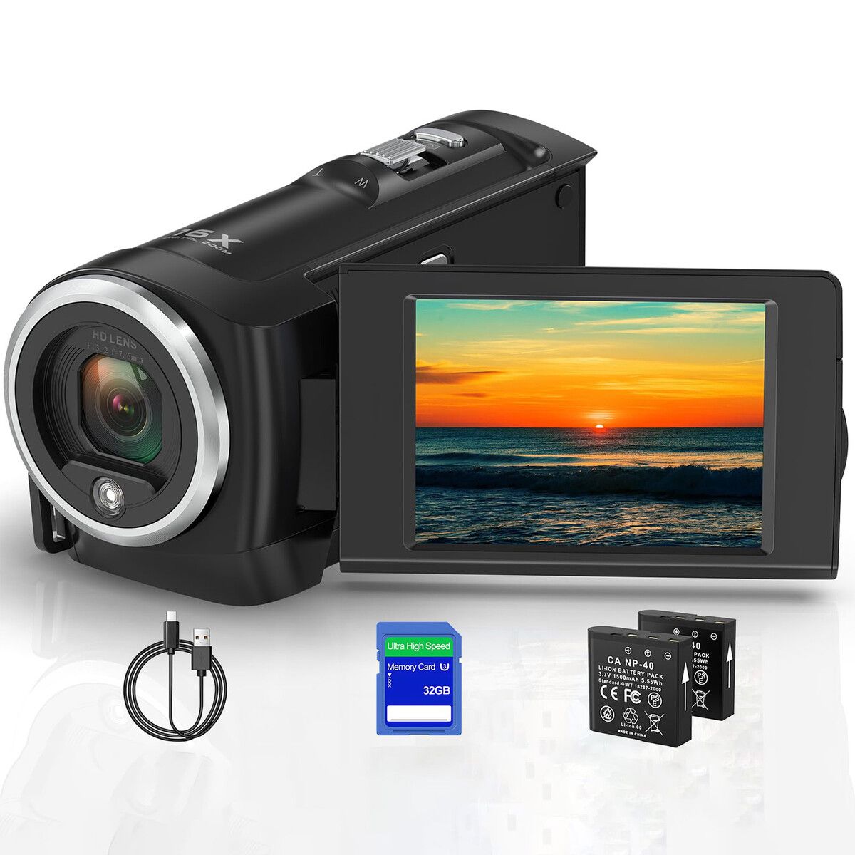 Video Camera Camcorder,QHD 2.7K Camcorder 50MP 16X Digital Video Camera,2.8In 270 Degree Rotation Screen Vlogging Camera with 32GB Card and Two Batteries
