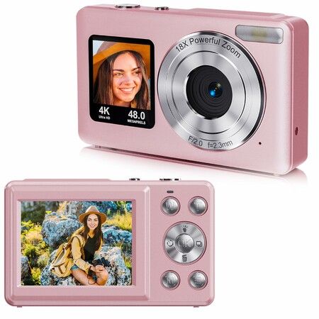 Digital Camera 4K 48MP Kids Camera,Dual Screen Autofocus Point and Shoot Digital Cameras with 64GB SD Card,16X Zoom,Built-in Batteries,Pink