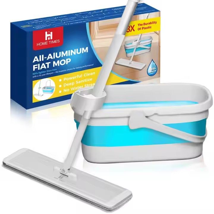 1 set Mop Pads Aluminum Flat Mop and Bucket Set with Wringer Foldable Silicone Mop Head No Electricity Needed Floor Cleaning