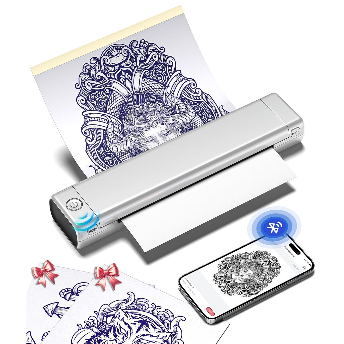 Phomemo M08F Wireless Tattoo Transfer Stencil Printer,Thermal Tattoo Machine with 10pcs Free Stencil Paper,Compatible with Smartphone PC Silver