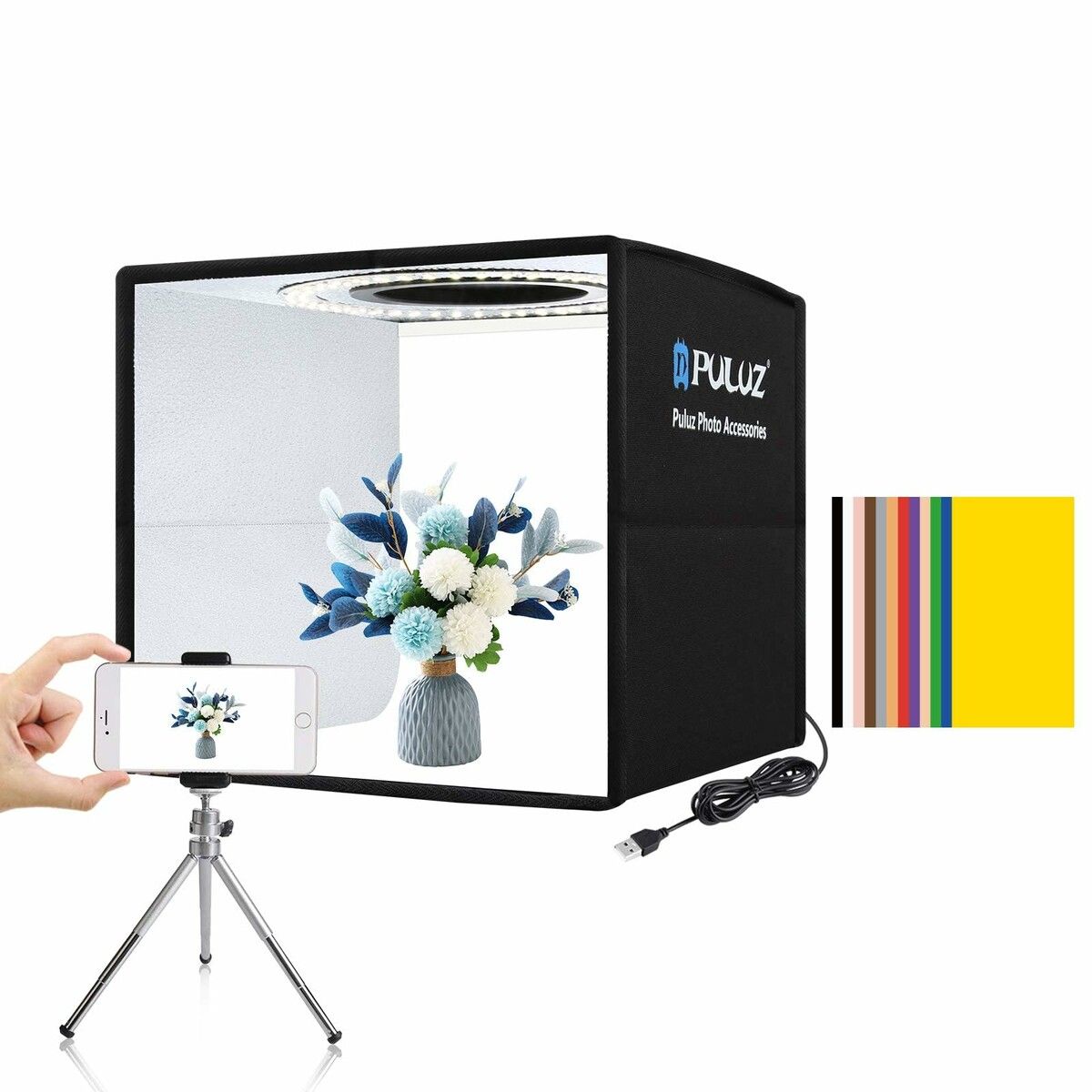 Portable Photo Studio Light Box,Professional Dimmable Shooting Tent Kit with 160 LEDs Lights and 6 Kinds Double-Sided Color Backgrounds (40x40cm)