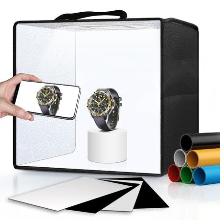 Light Box Photography,Photo Box with 88 High Color Rendering Index LED Lights,6 Color PVC Backdrops,4 Reflection Boards and 1 Diffuser (25x25cm)
