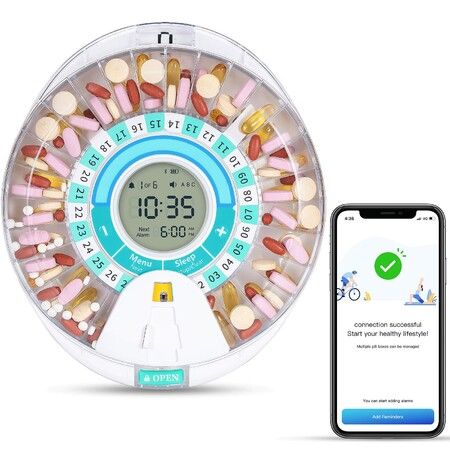 Bluetooth Smart Automatic Pill Dispenser,Electronic Monthly Pill Organizer For Elderly,28 Compartments Medication Dispenser with Triple Alarm
