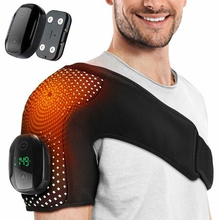 Cordless Shoulder Heating Pad Heated Massager Brace Detachable Controller Electric 6 Heating 3 Vibration,Black