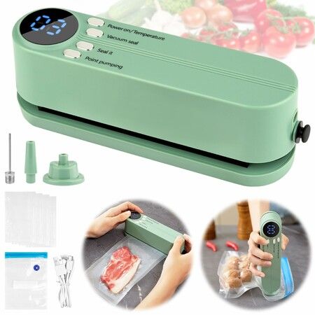 Mini Vacuum Sealer Food 3-in-1 Cordless Rechargeable Dry Moist Storage 4 Snack Bags Heat Sealer Chip Inflation Pump,Green