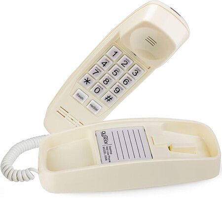 Retro Wall Phone with Big Button Lighted Keypad, No AC Power Required, Loud Visual Ringer, Volume Control, Vintage Corded Phone for Home Office,Beige