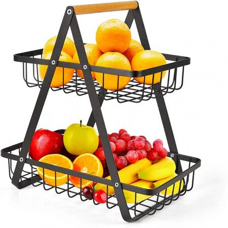 2 Tier Fruit Basket,Fruit Bowl Holder Bread Basket Vegetable Rack,Detachable Fruit Holder for Fruit,Vegetables,Snacks Home,Kitchen Office Color Black