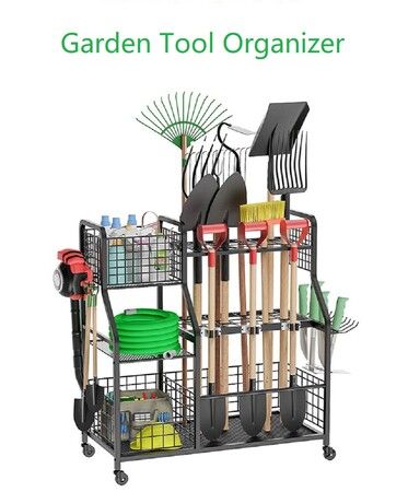 Garden Tool Organizer with Wheel, 3 Tier Yard Tool Tower Rack for Garage Organization and Storage with Extra Basket
