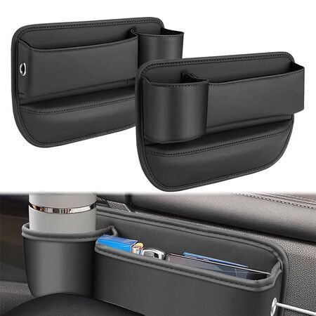Car Seat Gap Filler Organizer with Cup Holder, 2 Pcs Adjustable Leather Car Side Seat Storage Box, Multifunction Interior Storage Organizer