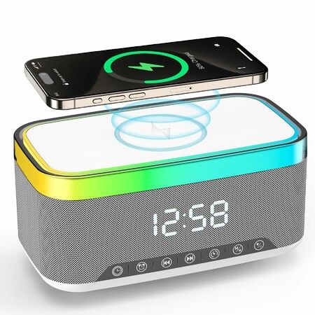 Alarm Clock Speaker Wireless Charger,Creative Desktop RGB Night Light Bluetooth Speaker