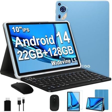Android 14 Tablet 10 Inch Octa Core 22GB RAM 128GB ROM Expand To 1TB 8000mAh Battery  HD Screen Keyboard  Mouse Included Color Gray