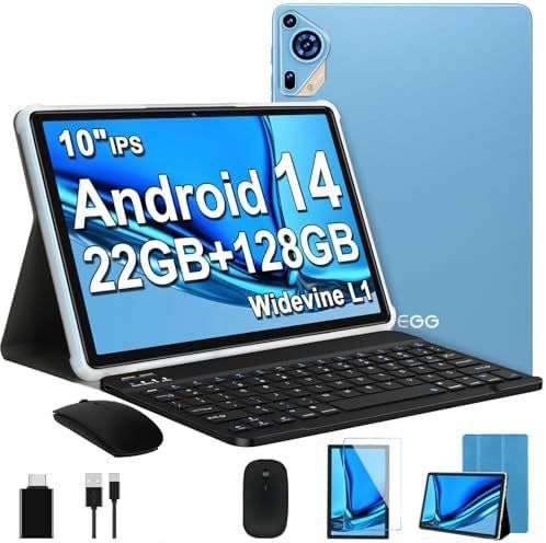 Tablet 10 Inch Android 14 Octa Core 22GB RAM 128GB Storage 1TB Expandable 8000mAh Battery HD Display Keyboard Mouse Grey Mobile Device