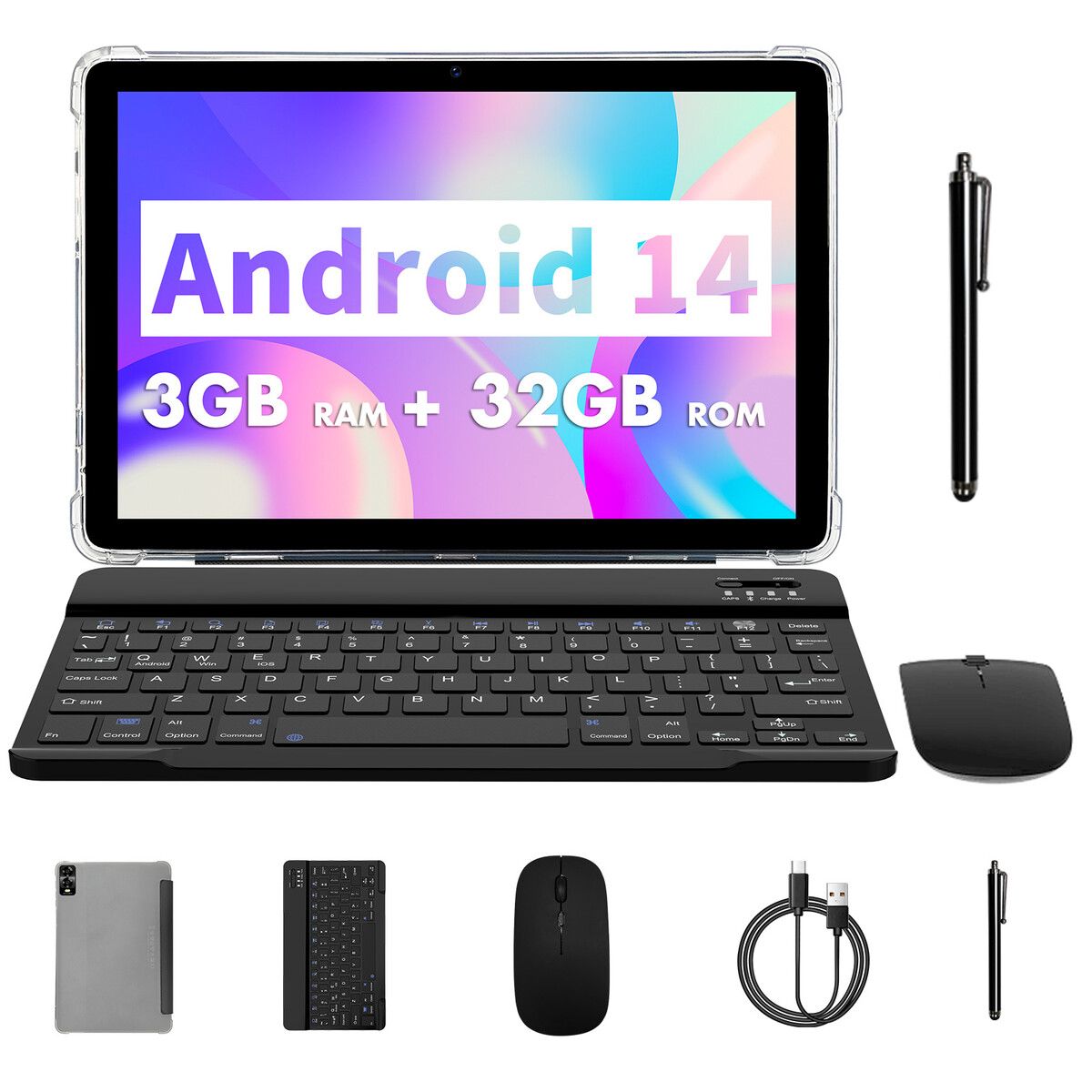 Android 14 Tablet 10 Inch Octa Core 3GB RAM 32GB ROM Expand To 1TB 6000mAh Battery  HD Screen Keyboard  Mouse Writing PEN Included Color White