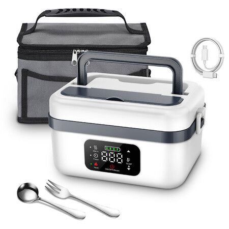 Cordless Electric Heated Lunch Box,Rechargeable Self Heating Battery Powered Food Warmer with 1L Container Fork Spoon and Insulated Carry Bag (White)