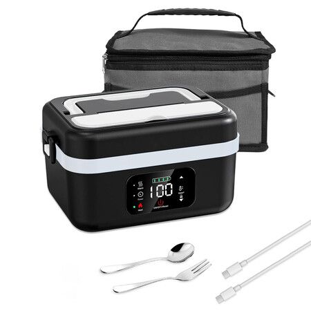 Electric Lunch Box,60W Cordless Portable 1L Food Warmer with Automatic Heating,Temperature Regulation,Type-C Charging for Car,Truck,Office