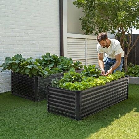 Metal Raised Garden Bed 6x3x2ft Outdoor Galvanized Planter Box Dark Gray