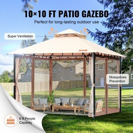 Patio Gazebo for 6-8 Person 3.05 x 3.05 m Backyard Gazebo with Mosquito Netting Metal Frame and PU Coated 180G Polyester Outdoor Canopy Shelter