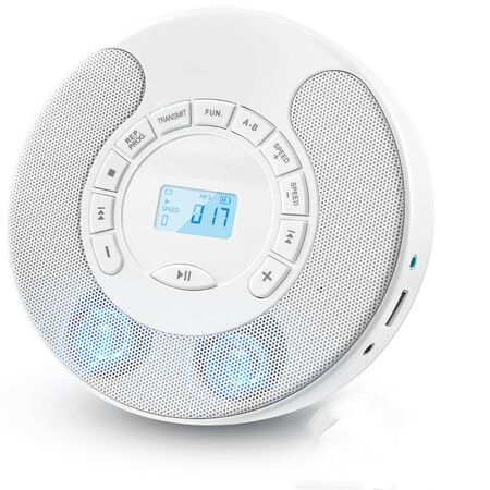 Portable CD Player with Dual Stereo Speakers Rechargeable with Bluetooth Transmitter with Headphone Jack AUX,White
