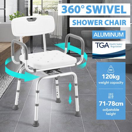 Swivel Shower Chair Medical Bath Seat Stool Adjustable Bathroom Tub Transfer Bench 360° Rotating Bedside Mobility Aid Back Arm Raised Seating Elderly