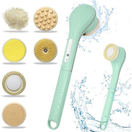Electric Body Brush Set for Showering, Exfoliating Bath Brush Long Handle for Shower, Body Scrubber with 6 Shower Brush Heads for Women Men, Green