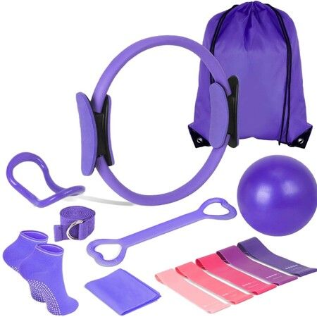 13 Pcs Pilates Rings Set For Home Gym Workouts Including Pilates Ball,Yoga Ring And Resistance Bands For Women Color Purple