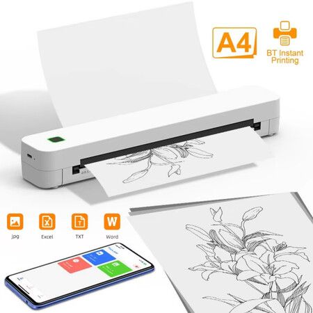 Portable Wireless Thermal Paper Printer,Tattoo Transfer Stencil Printer With 10pcs Thermal paper,Compatible with Smartphone PC Color White