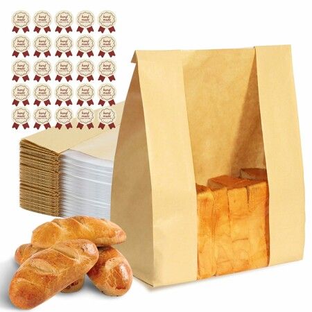 Bread Bags for Homemade Bread 100PCS Paper Sourdough Large Bakery Bags with Window Includes 100PCS Label Seal Stickers