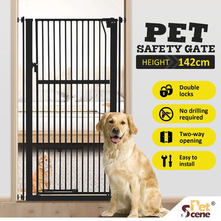 Pet Safety Gate Dog Cat Security Extra Tall Retractable Fence Enclosure Guard Kitchen Doorway Stairs Barrier with Walk Through Door 142cm Height
