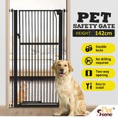 Pet Safety Gate Dog Cat Security Extra Tall Retractable Fence Enclosure Guard Kitchen Doorway Stairs Barrier with Walk Through Door 142cm Height