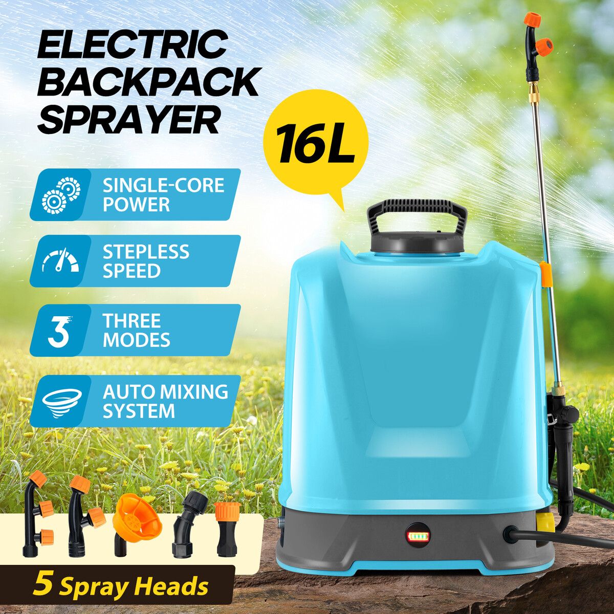 16L Electric Backpack Sprayer Disinfection Garden Watering Weed Remover 12V Rechargeable Battery Powered Herbicide Car Wash Knapsack Motor Auto Mixing