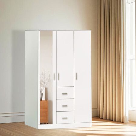 Wardrobe Cabinet Dresser Clothes Storage Organiser Bedroom Cupboard Armoire Closet 3 Doors 3 Drawers Shelves Full Length Mirror 115x48.5x181cm White