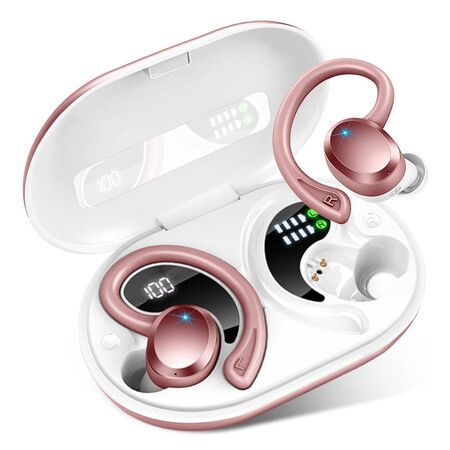 Wireless Earbuds Sport, Bluetooth 5.3 Headphones Bass HiFi Stereo Over EarBuds, 48Hrs Noise Cancelling Headset with Earhook, IP7 Waterproof,Rose Gold