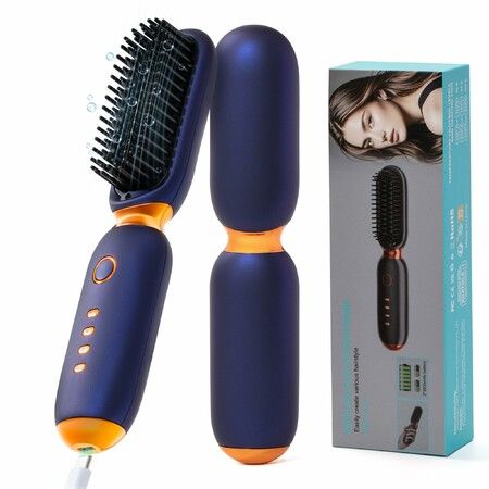 Cordless Hair Straightener Brush,Portable Hair Straightening Brush for Travel,Hot Comb Straightener for Women,Blue