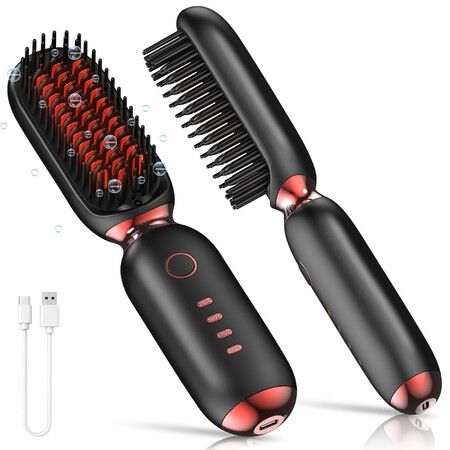 Cordless Hair Straightener Brush,Portable Hair Straightening Brush for Travel,Hot Comb Straightener for Women,Red