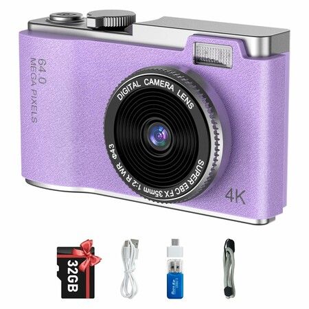 Kids Digital Camera,2.4 Inch TFT Display CCD Camera,32GB Card,48MP 8X Digital Zoom,Compact Retro Camera,Purple