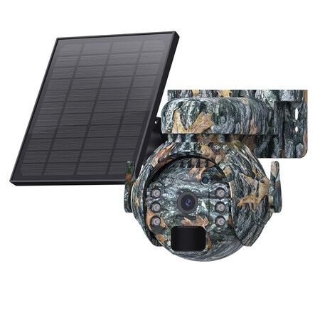 4G LET Solar Camera Outdoor, 3MP 360 Degree PTZ Hunting Camera Camouflage, PIR Detection, Night Color, Two Way Audio