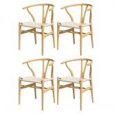 1 Set of 4 Artiss Dining Chairs Wooden Rattan Seat Wishbone Back