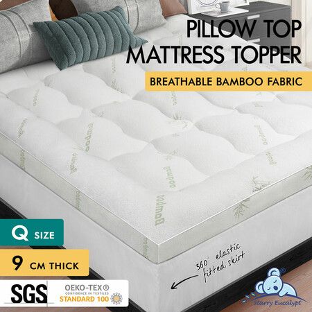 STARRY EUCALYPT Pillowtop Mattress Topper Bamboo Fibre Underlay Pad 9cm Queen