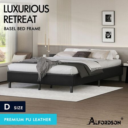 ALFORDSON Bed Frame Double Size Mattress Base Foundation Black Leather BASEL