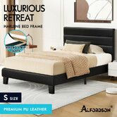 ALFORDSON Bed Frame Single Size Upholstered Platform Black Leather HARLENE