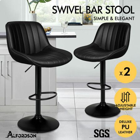 ALFORDSON 2x Bar Stools Gas Lift Leather Bar Chairs Kitchen Swivel ALL BLACK
