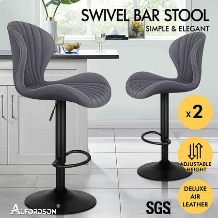 ALFORDSON 2x Bar Stools Gas Lift Air Leather Bar Chairs Kitchen Swivel GREY