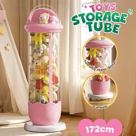 Kids Toys Storage Tube Box Stuffed Animal Zoo Plush Soft Doll Organiser Playroom Display Cabinet Holder Container Vertical Stand with Wheels 172x31cm Pinck