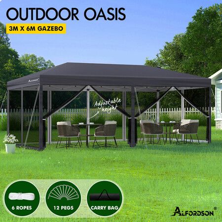 ALFORDSON Gazebo Pop Up Marquee 3x6m Outdoor Canopy Party Camping Mesh Wall Grey