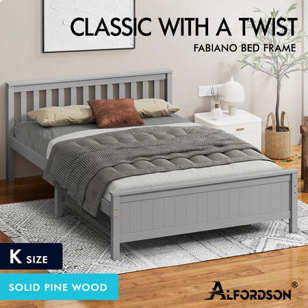 ALFORDSON Bed Frame Wooden King Size Slatted Headboard Timber Grey FABIANO