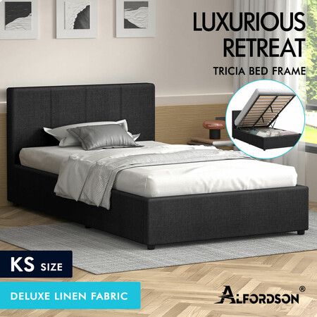 ALFORDSON Bed Frame King Single Gas Lift Storage Base Fabric Charcoal TRICIA