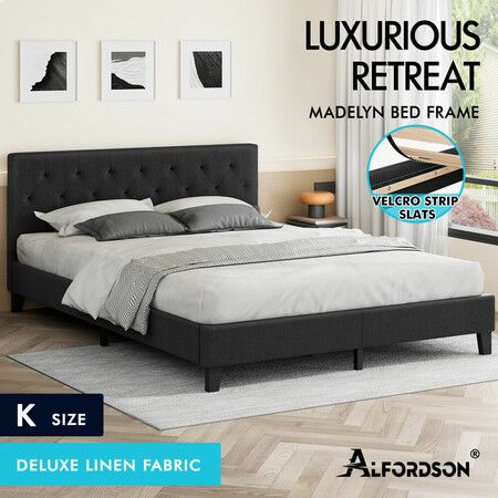 ALFORDSON Bed Frame King Size Wooden Base Platform Fabric Charcoal MADELYN